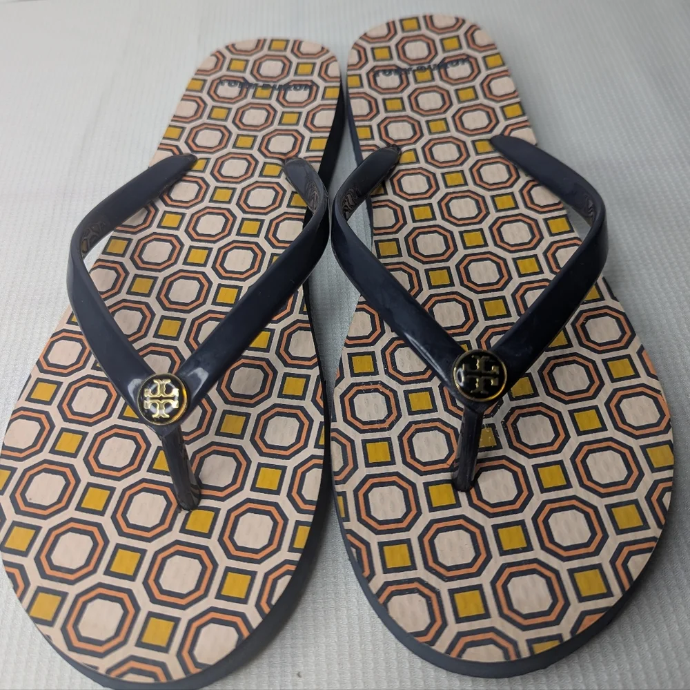 Tory Burch Geometric Multicolor Gold Logo Thong Sandals Flip Flops Women's 10